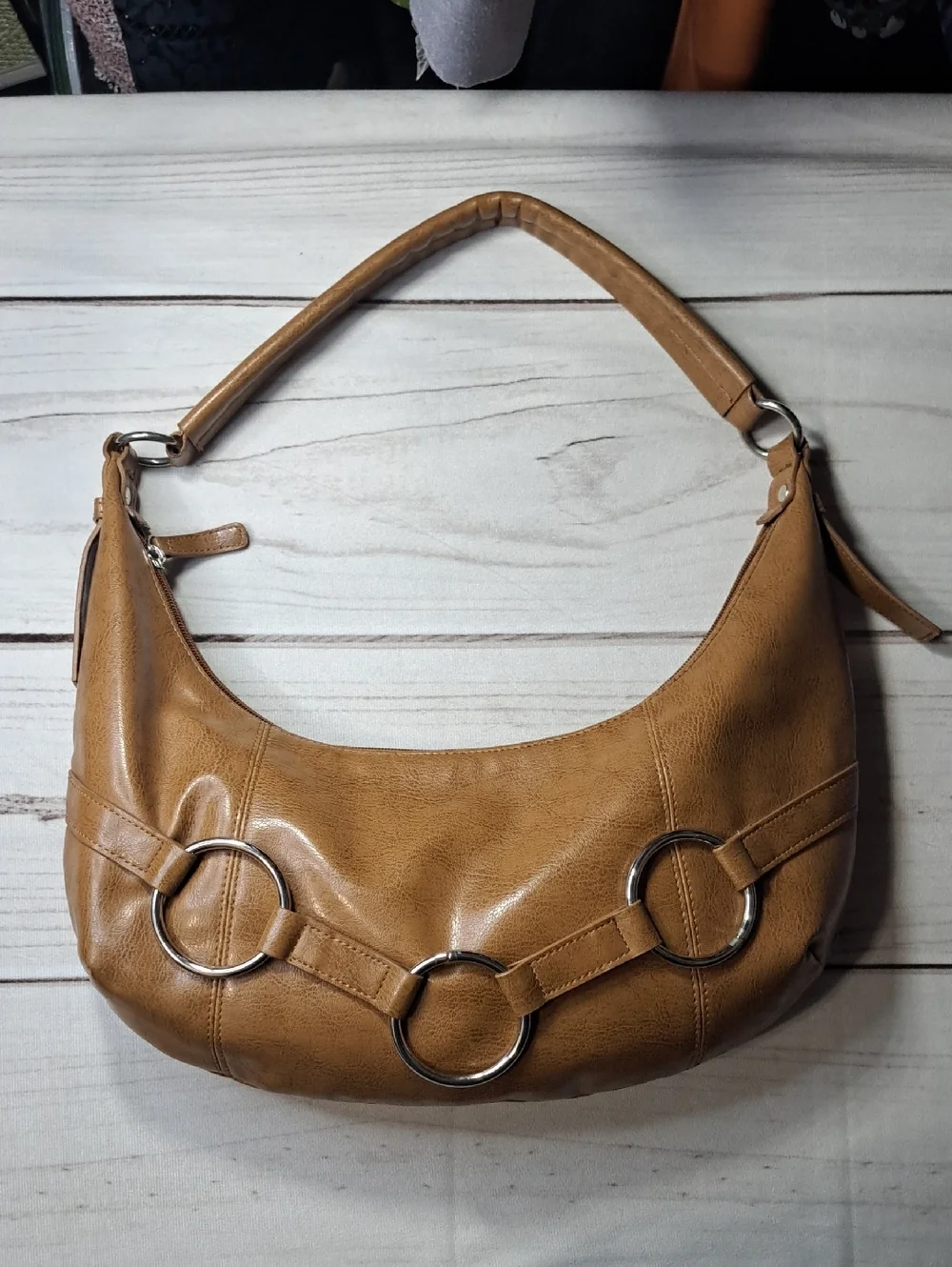 Women's Tan Hobo Shoulder Bag with Silver Ring Accents